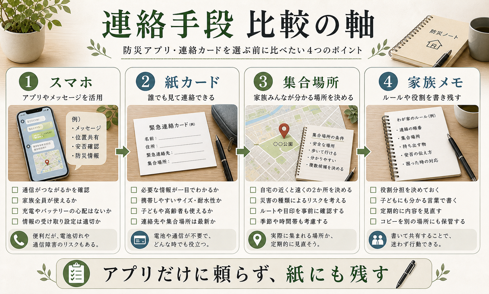 スマホ、紙カード、集合場所、家族メモを比較する防災連絡図解