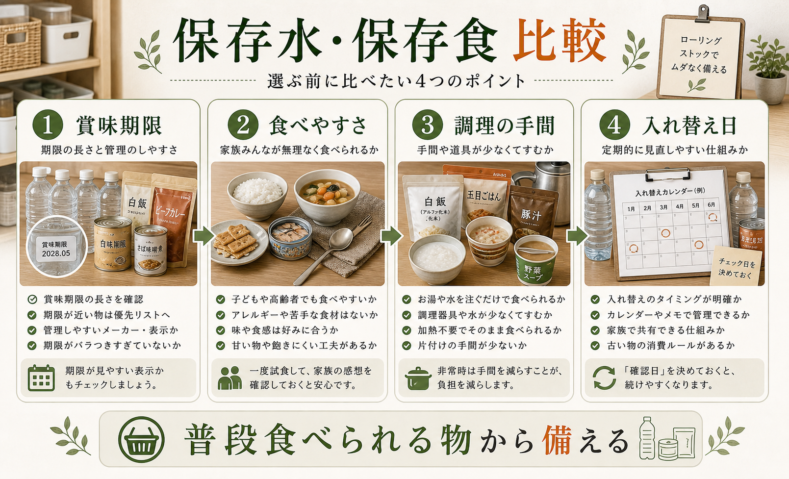 保存水と保存食の賞味期限、食べやすさ、調理の手間、入れ替え日を比較する図解