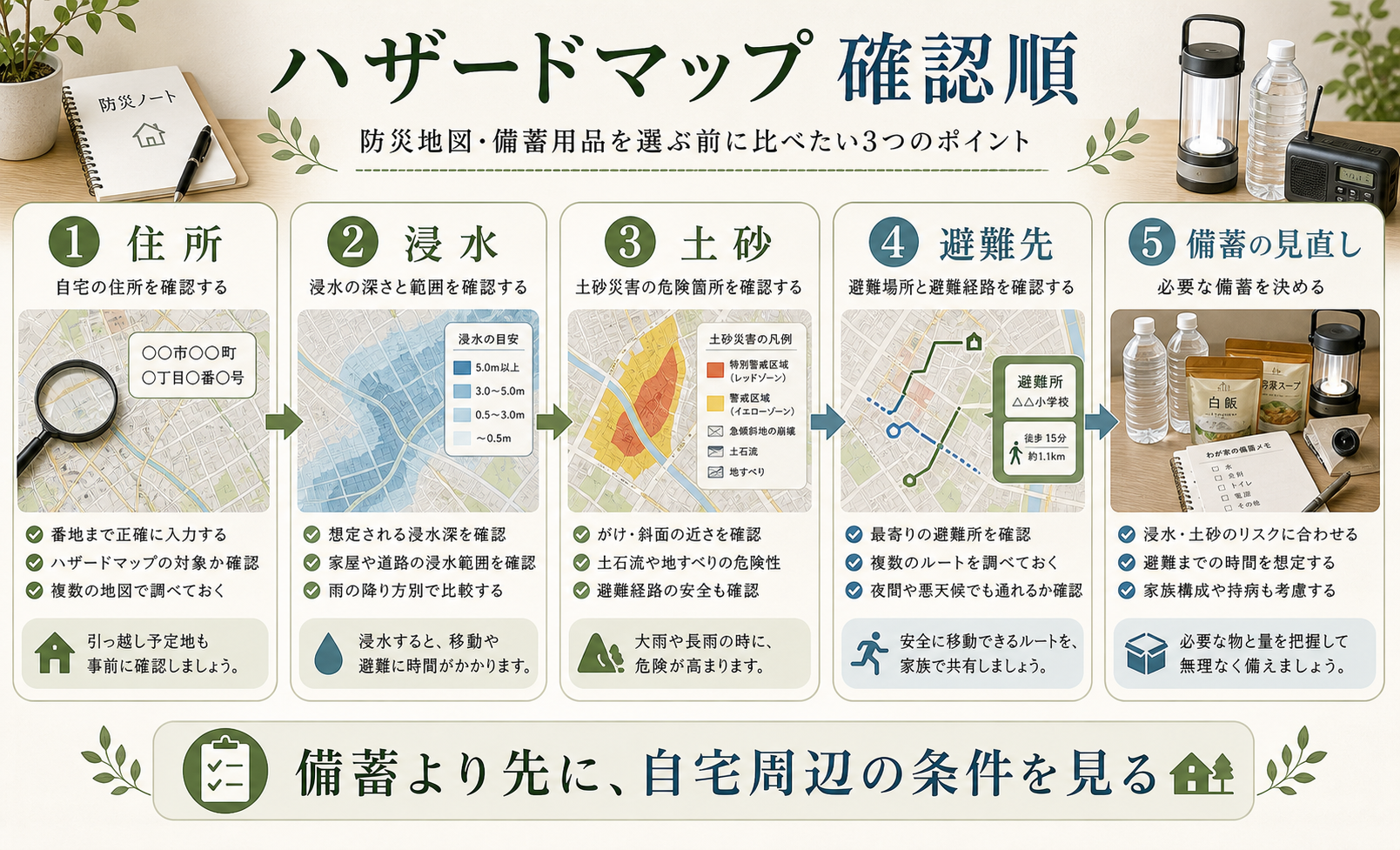 住所、浸水、土砂、避難先をハザードマップで確認する図解