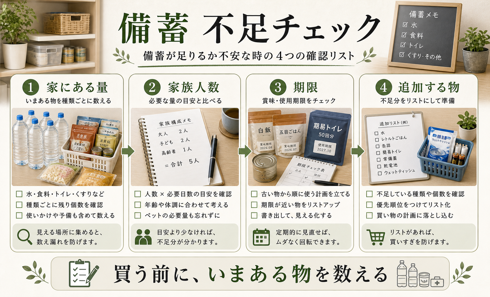 家にある備蓄量、家族人数、期限、追加する物を確認する図解