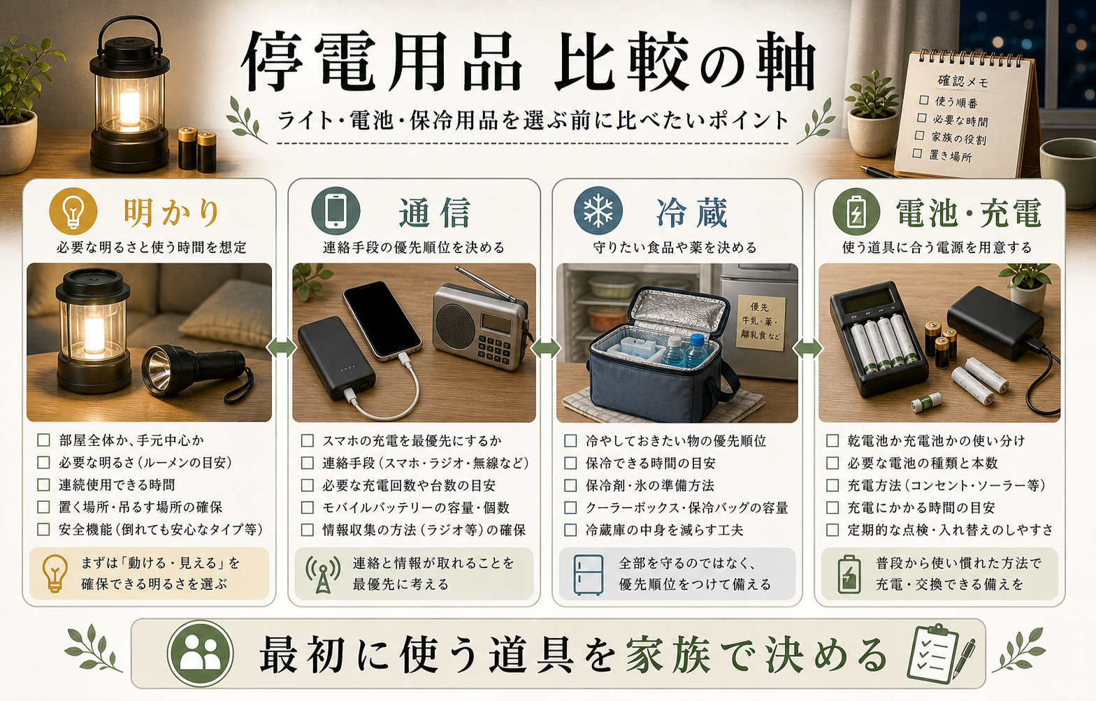 停電用品の明かり、通信、冷蔵、電池・充電を比較する図解