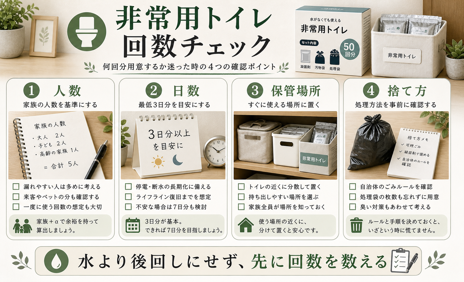 非常用トイレの人数、日数、保管場所、捨て方を確認する図解