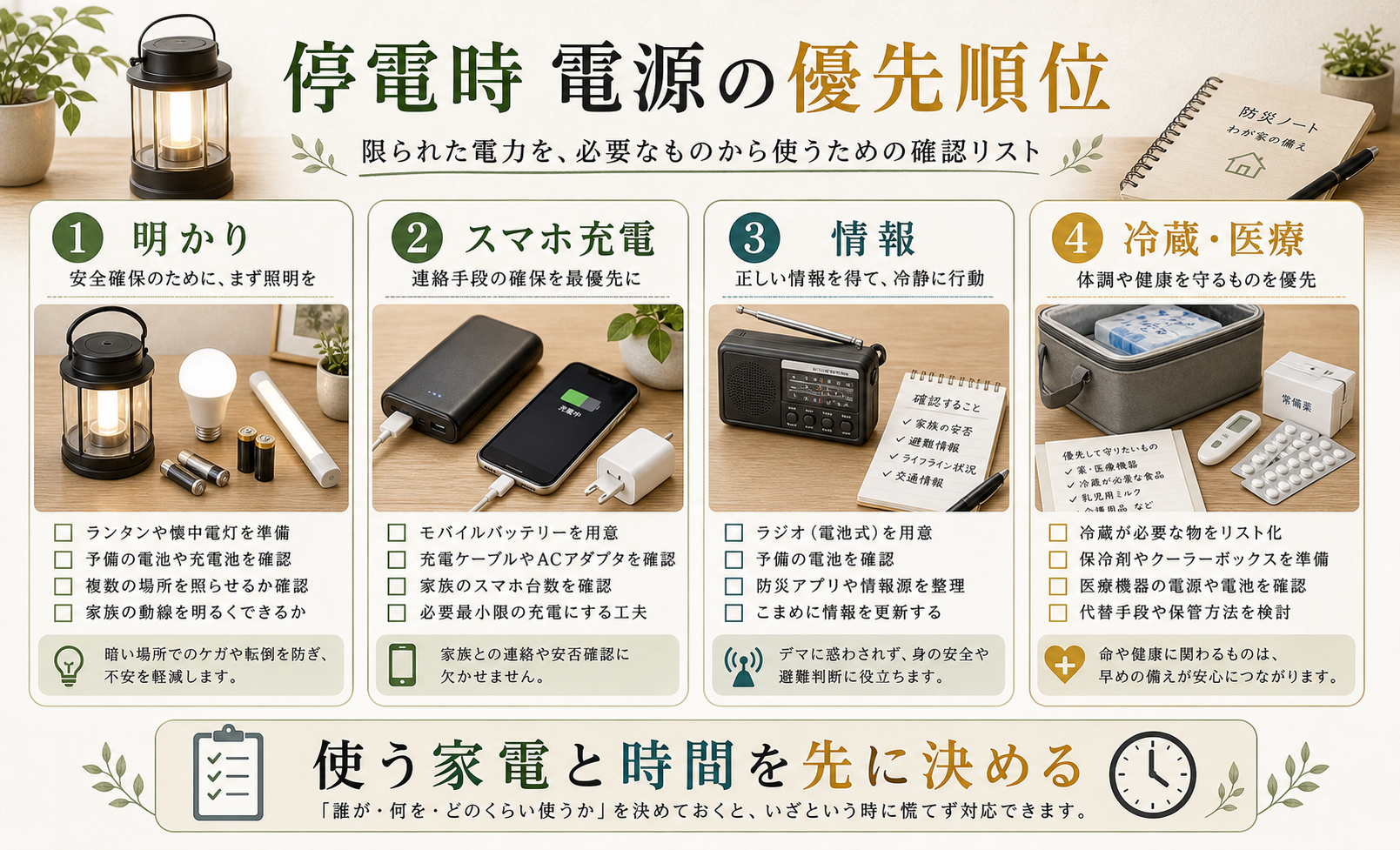 停電時の明かり、スマホ充電、情報、冷蔵・医療を優先する図解