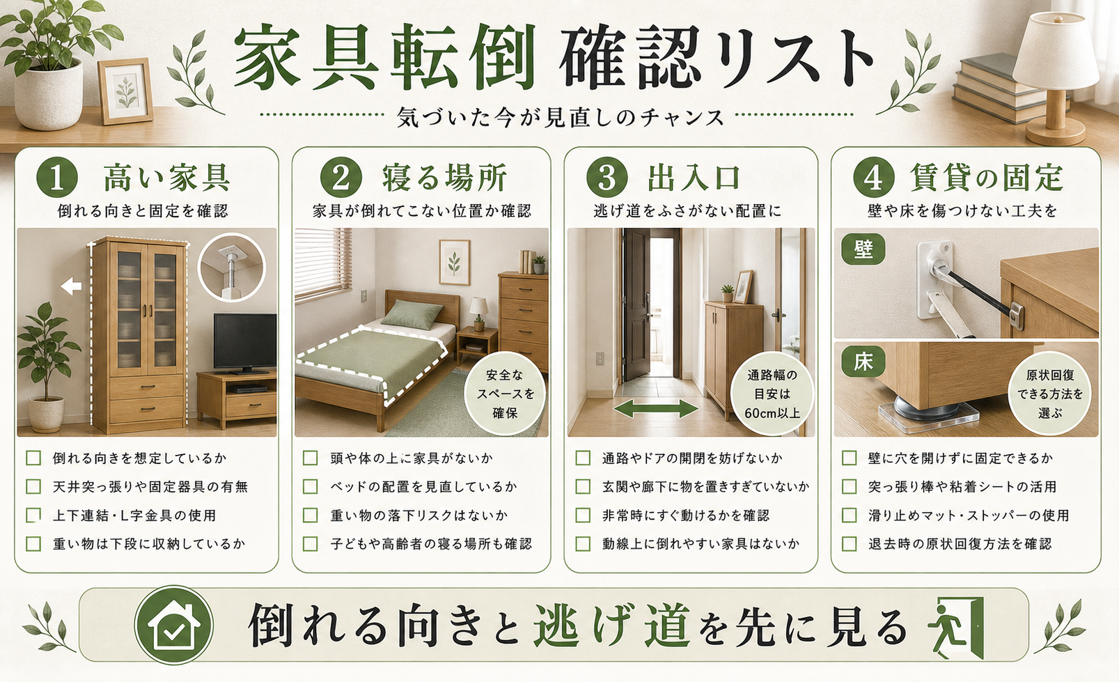寝る場所、出入口、高い家具、賃貸の固定を確認する家具転倒対策図解