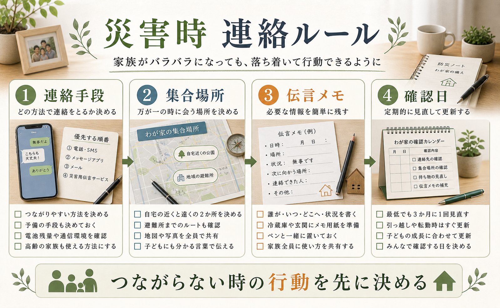 災害時の連絡手段、集合場所、伝言メモ、確認日を整理した図解
