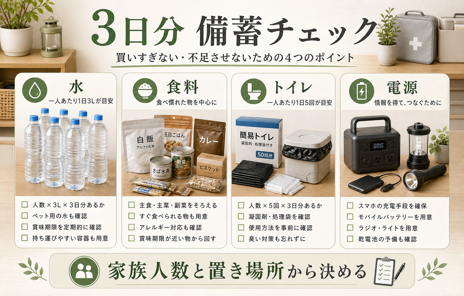水、食料、非常用トイレ、電源を3日分で確認する防災備蓄図解